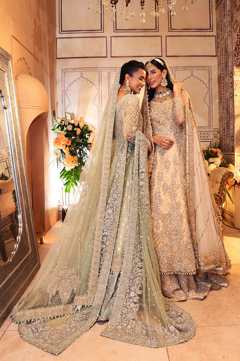 Pakistani Pistachio Zardozi Net Gown with Light Blue Lehnga (3-Piece) - Image 11