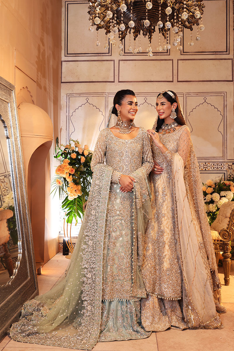 Pakistani Pistachio Zardozi Net Gown with Light Blue Lehnga (3-Piece) - Image 12