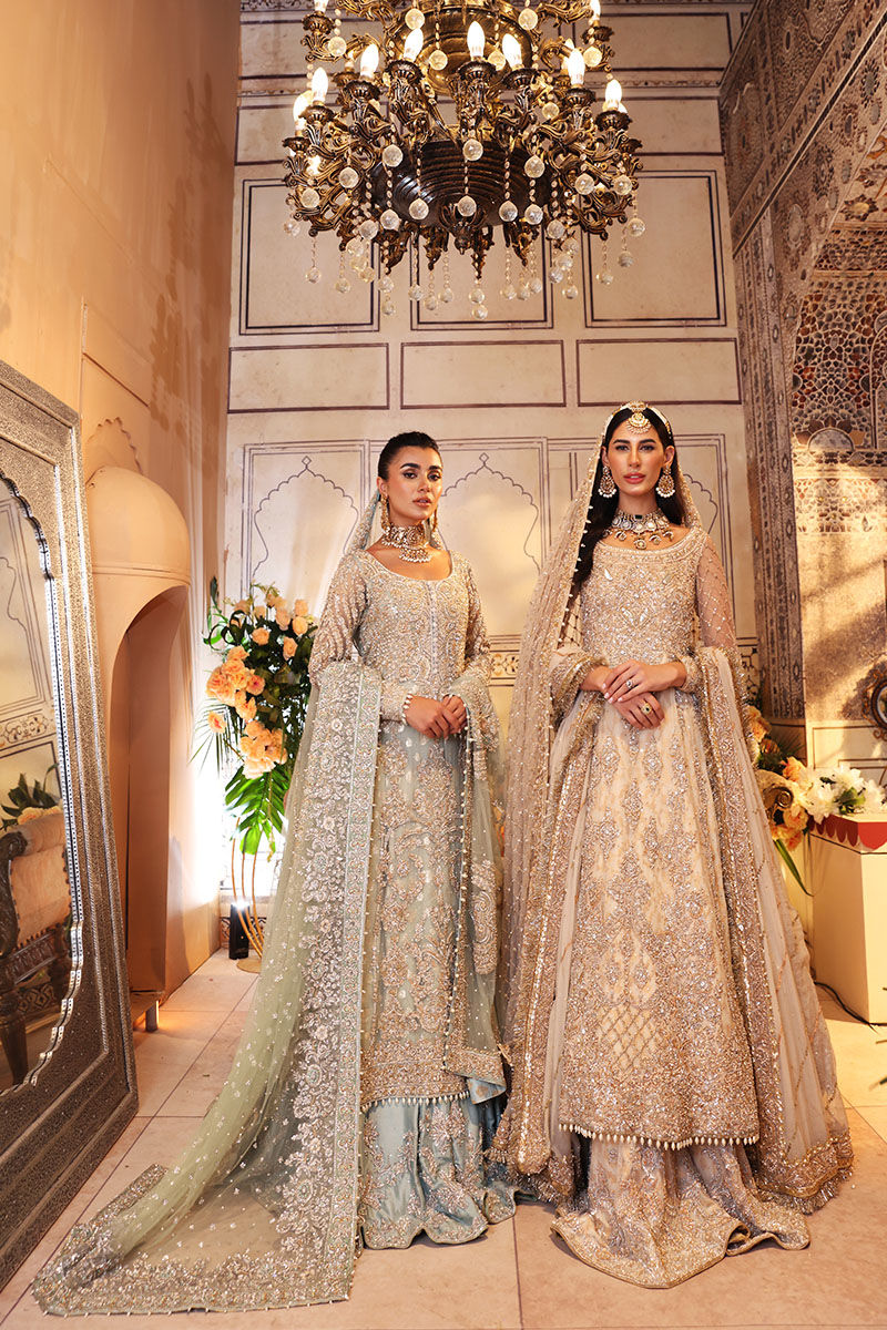 Pakistani Pistachio Zardozi Net Gown with Light Blue Lehnga (3-Piece) - Image 13