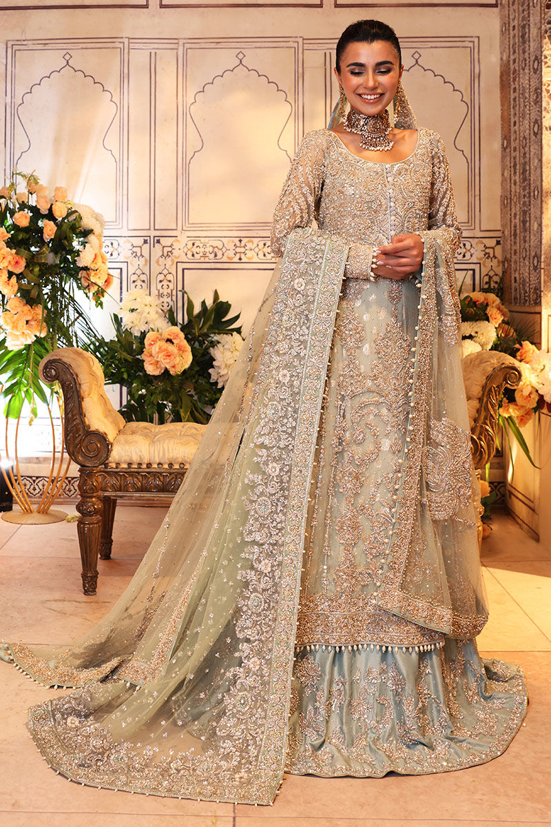 Pakistani Pistachio Zardozi Net Gown with Light Blue Lehnga (3-Piece) - Image 2