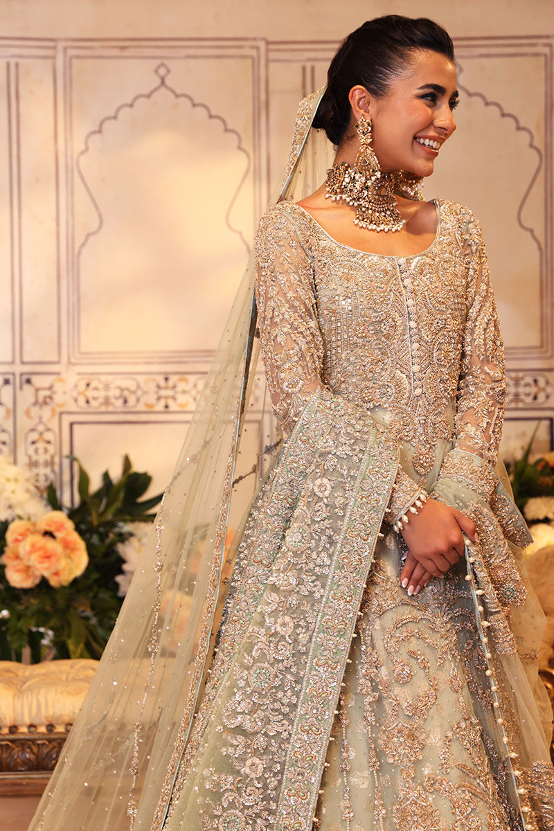 Pakistani Pistachio Zardozi Net Gown with Light Blue Lehnga (3-Piece) - Image 3