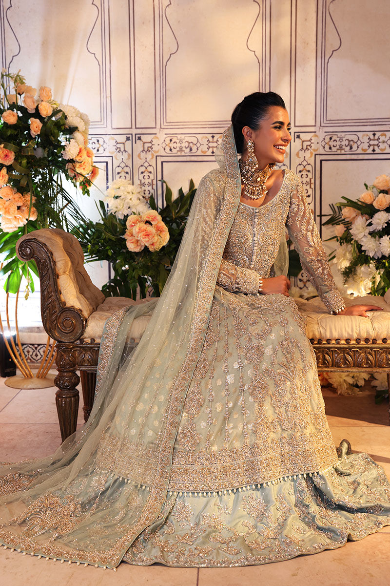 Pakistani Pistachio Zardozi Net Gown with Light Blue Lehnga (3-Piece) - Image 4