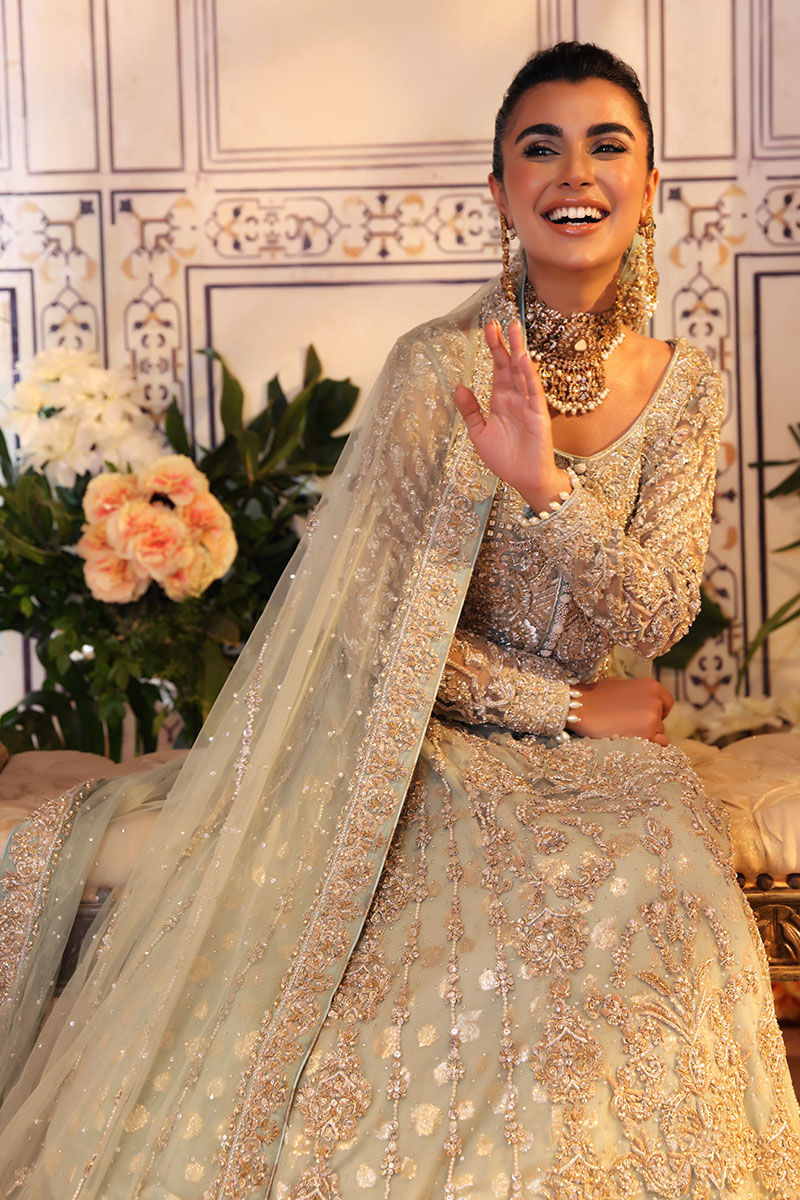 Pakistani Pistachio Zardozi Net Gown with Light Blue Lehnga (3-Piece) - Image 5