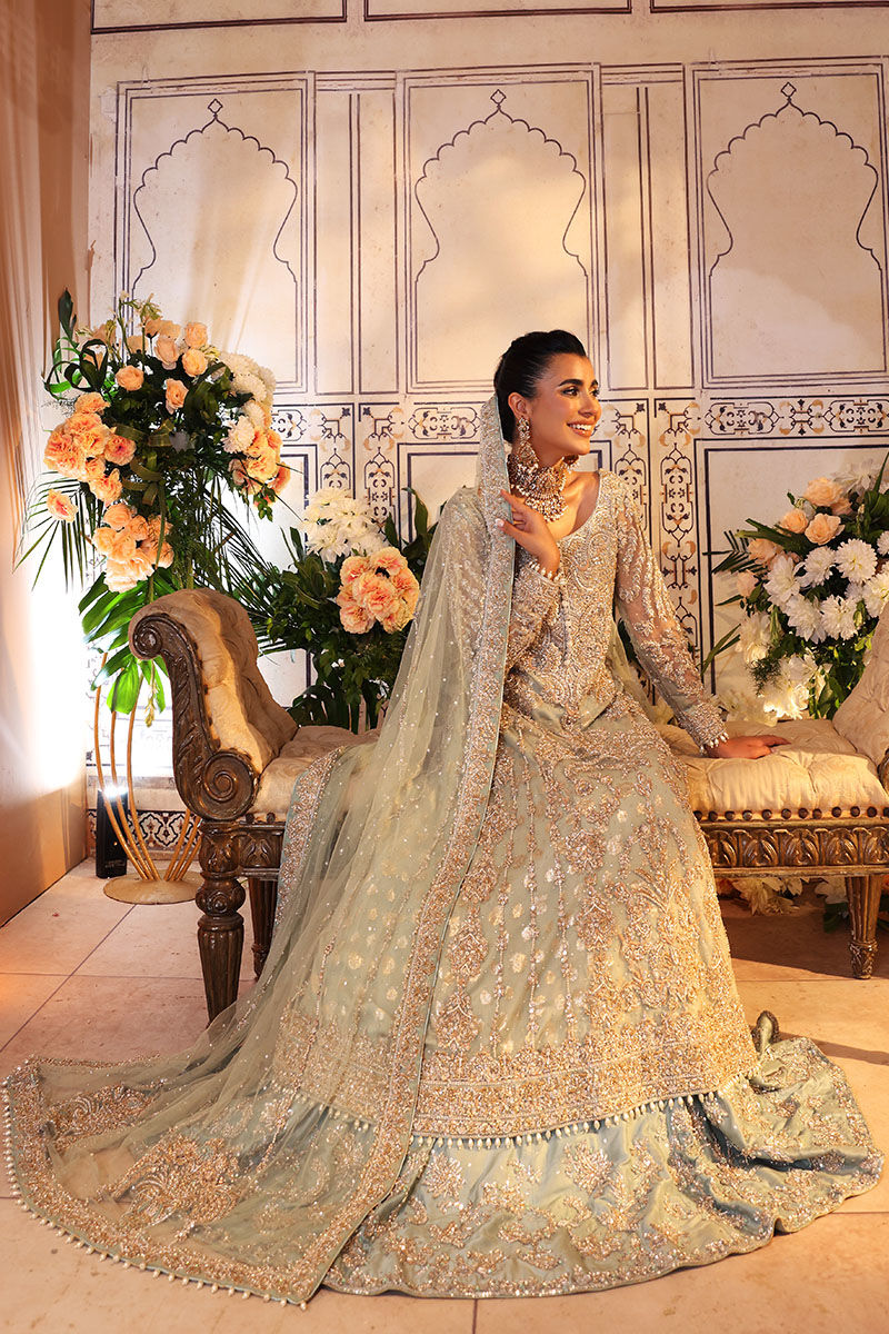Pakistani Pistachio Zardozi Net Gown with Light Blue Lehnga (3-Piece) - Image 6