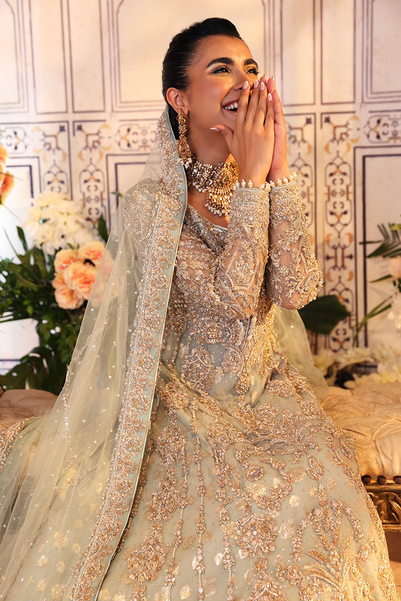 Pakistani Pistachio Zardozi Net Gown with Light Blue Lehnga (3-Piece) - Image 7