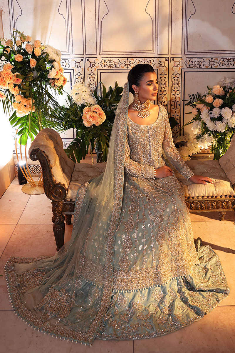 Pakistani Pistachio Zardozi Net Gown with Light Blue Lehnga (3-Piece) - Image 8