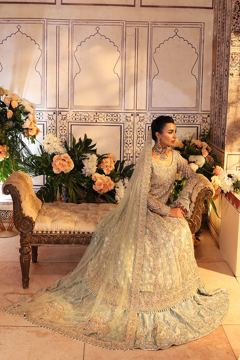Pakistani Pistachio Zardozi Net Gown with Light Blue Lehnga (3-Piece) - Image 9
