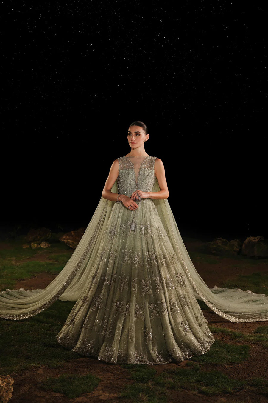 Mint Green Zardozi Net Bridal Gown (1-Pc) - Image 1