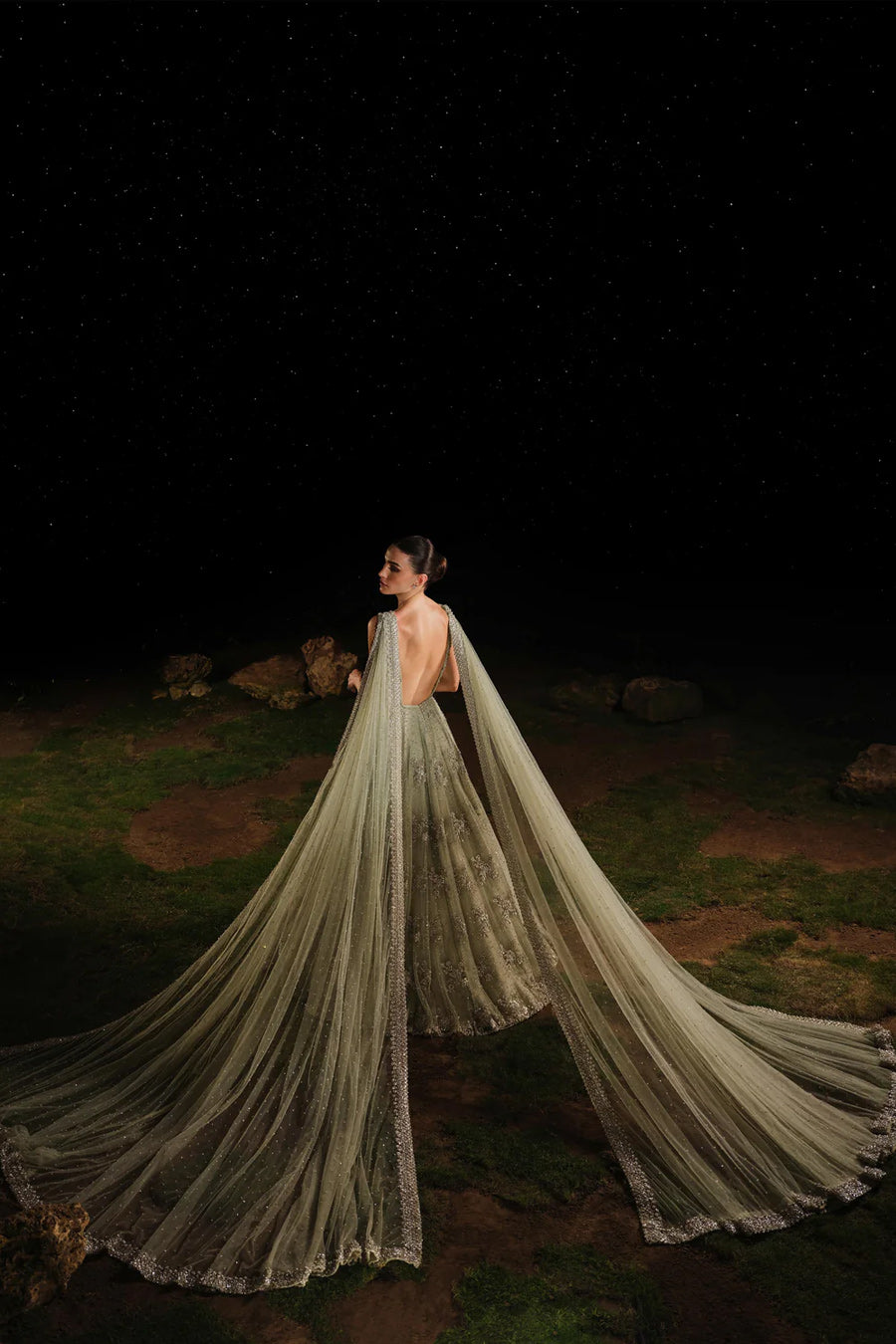 Mint Green Zardozi Net Bridal Gown (1-Pc) - Image 3