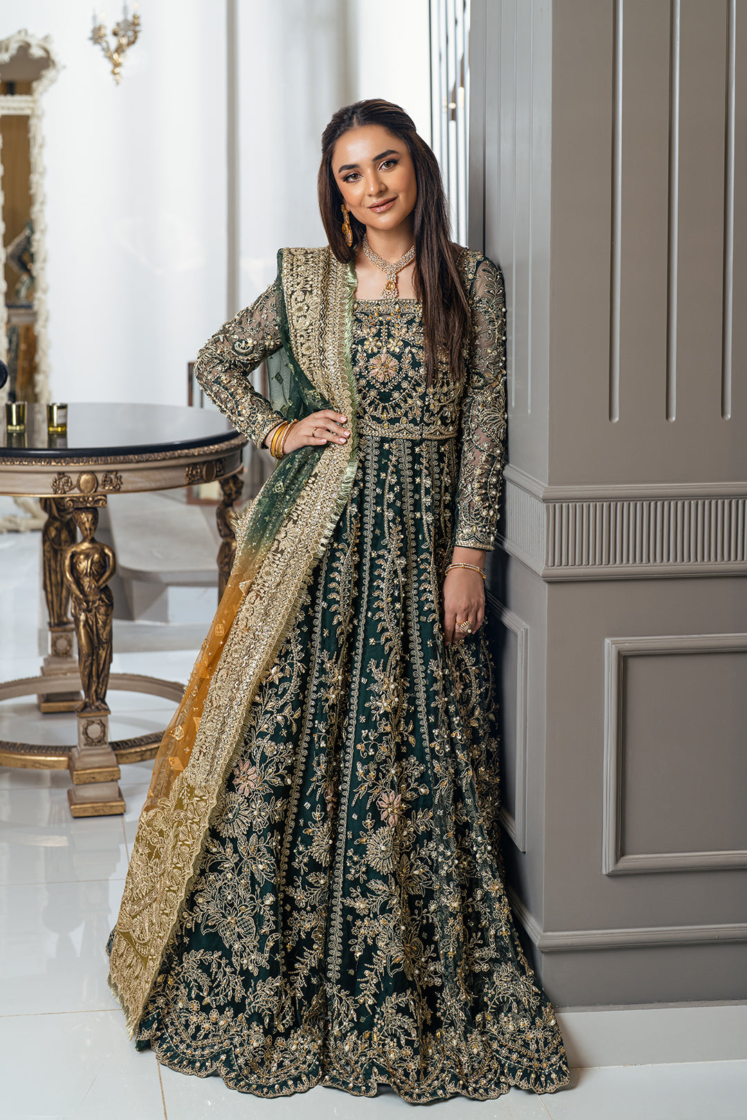 Pakistani Deep Green Embroidered Net Bridal Maxi (2-Piece) - Image 1