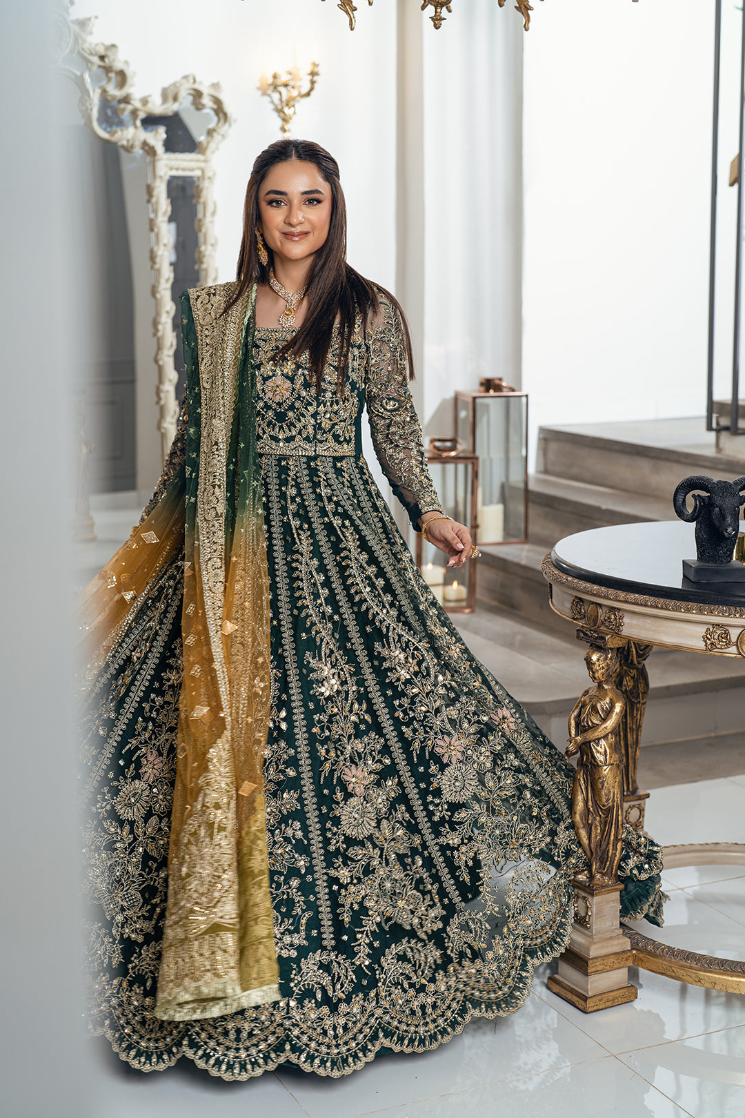 Pakistani Deep Green Embroidered Net Bridal Maxi (2-Piece) - Image 4