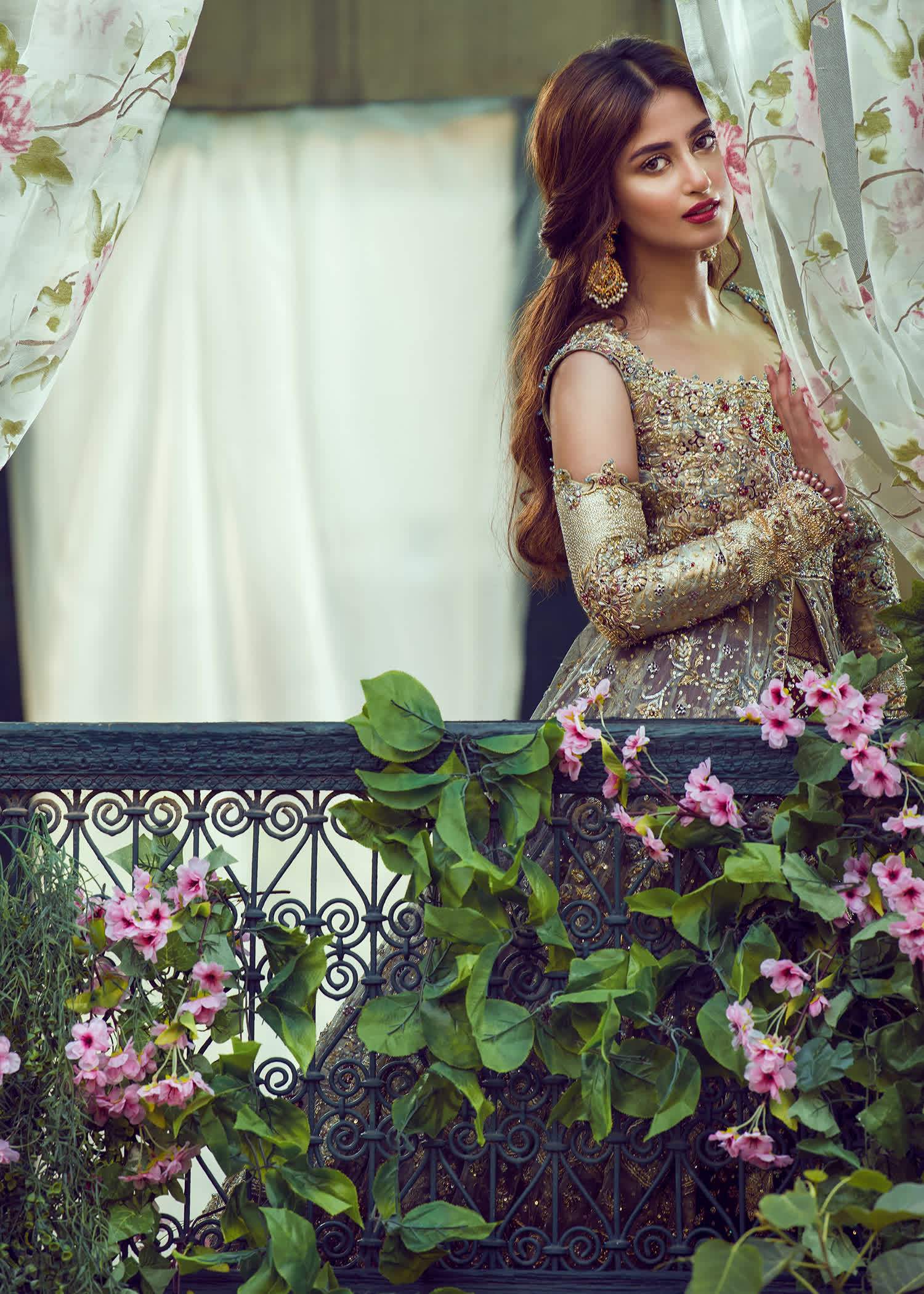 Pakistani Sage Green Embellished Net Bridal Gown (3-Piece) - Image 2