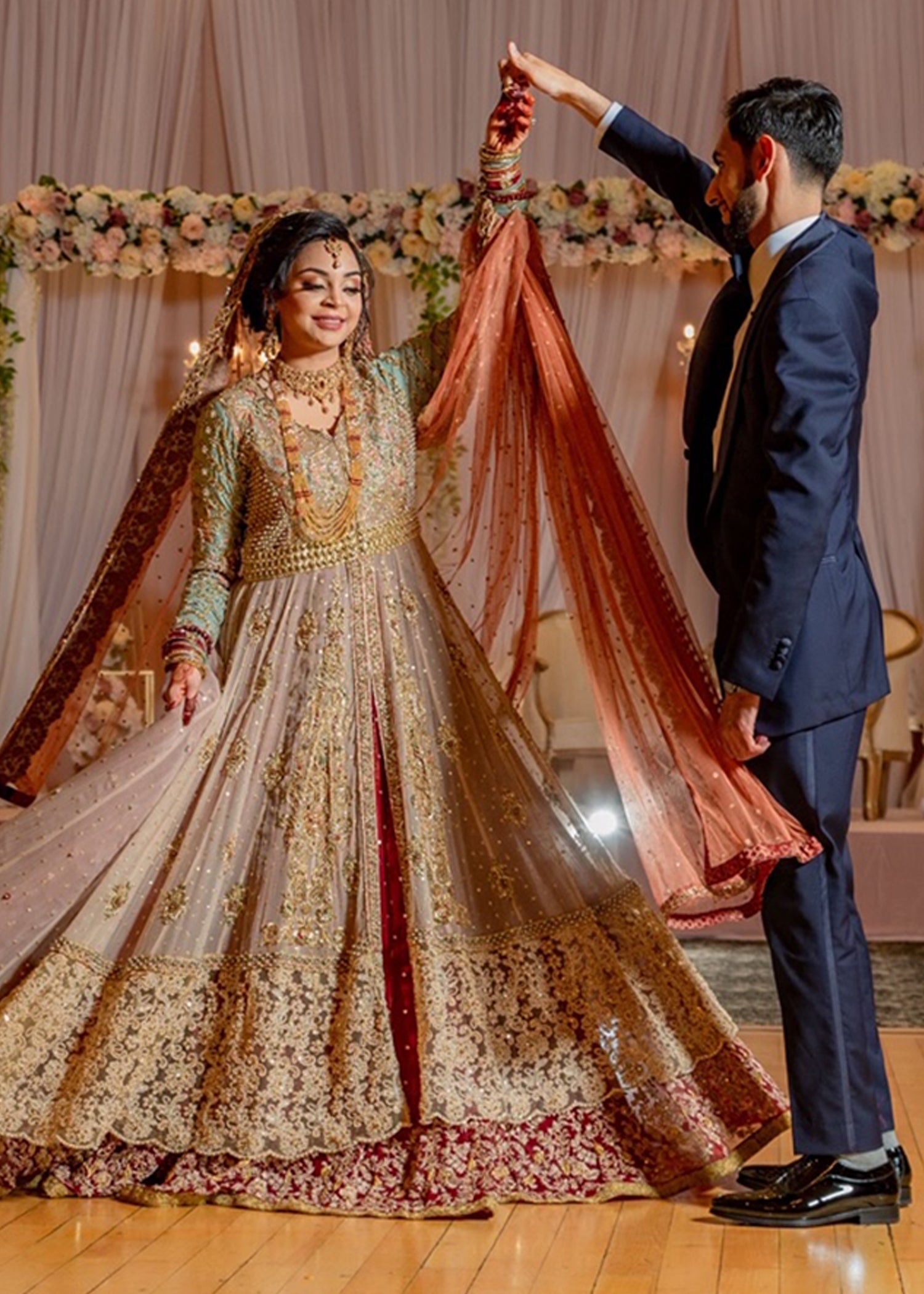 Pakistani Sage and Gold Embellished Net Silk Bridal Gown (2-Piece) - Image 1