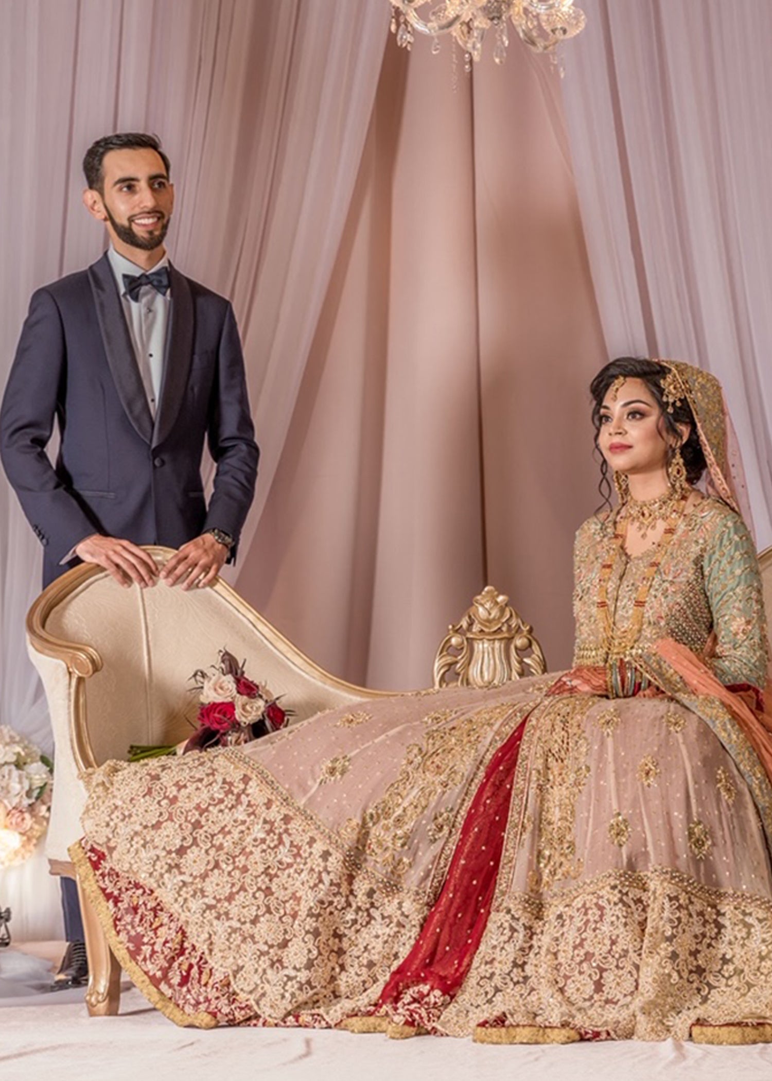 Pakistani Sage and Gold Embellished Net Silk Bridal Gown (2-Piece) - Image 2