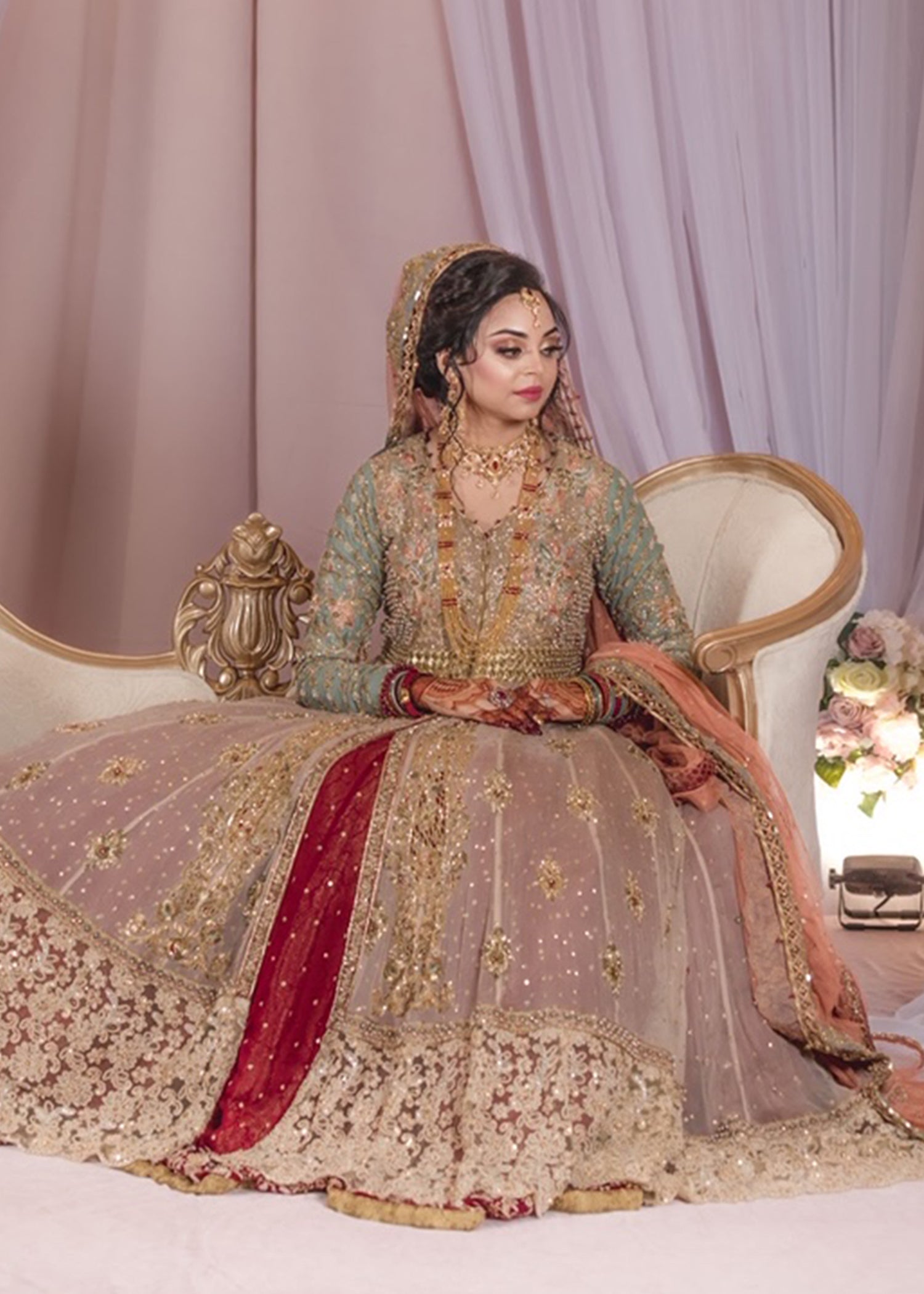 Pakistani Sage and Gold Embellished Net Silk Bridal Gown (2-Piece) - Image 3
