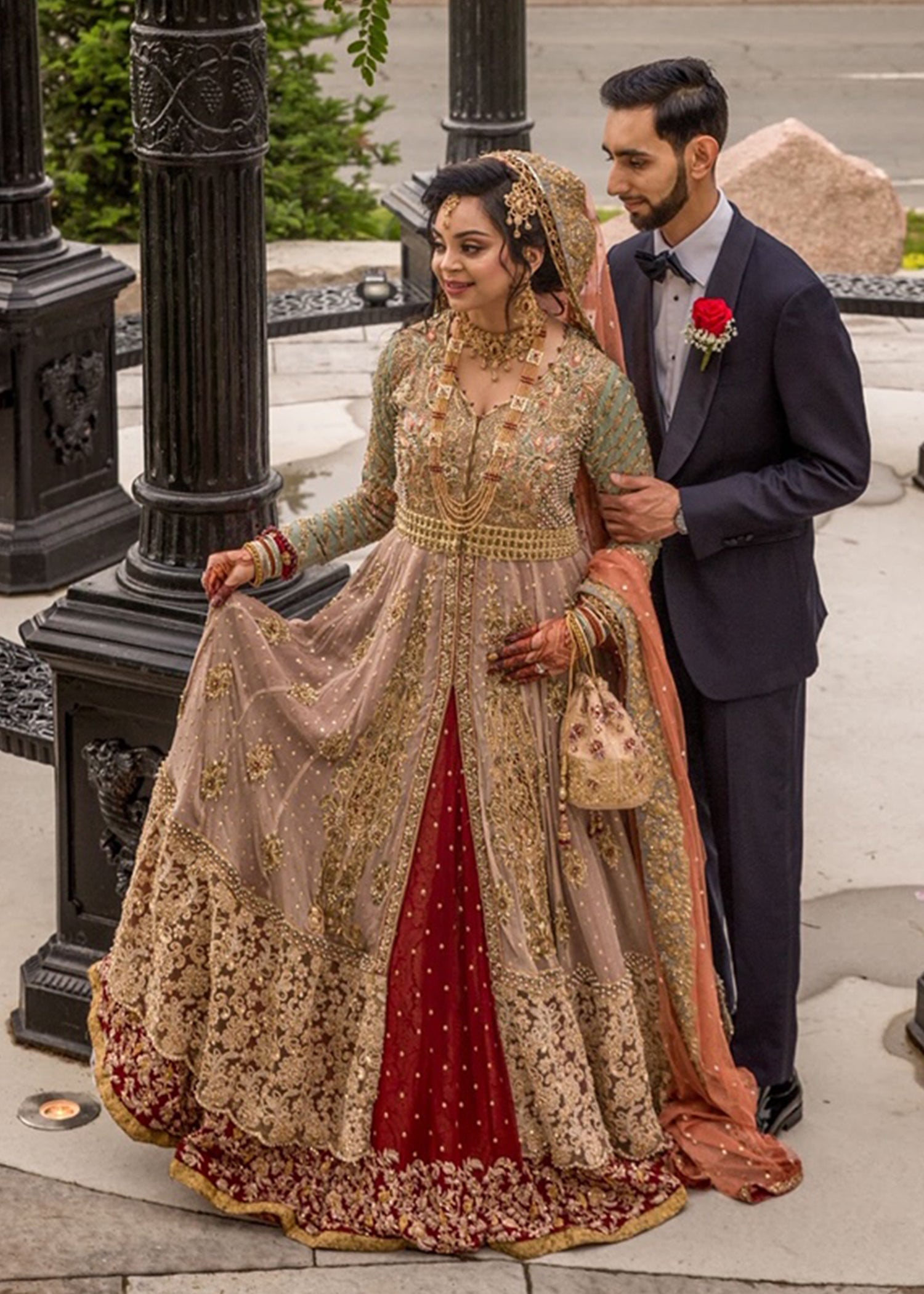 Pakistani Sage and Gold Embellished Net Silk Bridal Gown (2-Piece) - Image 5