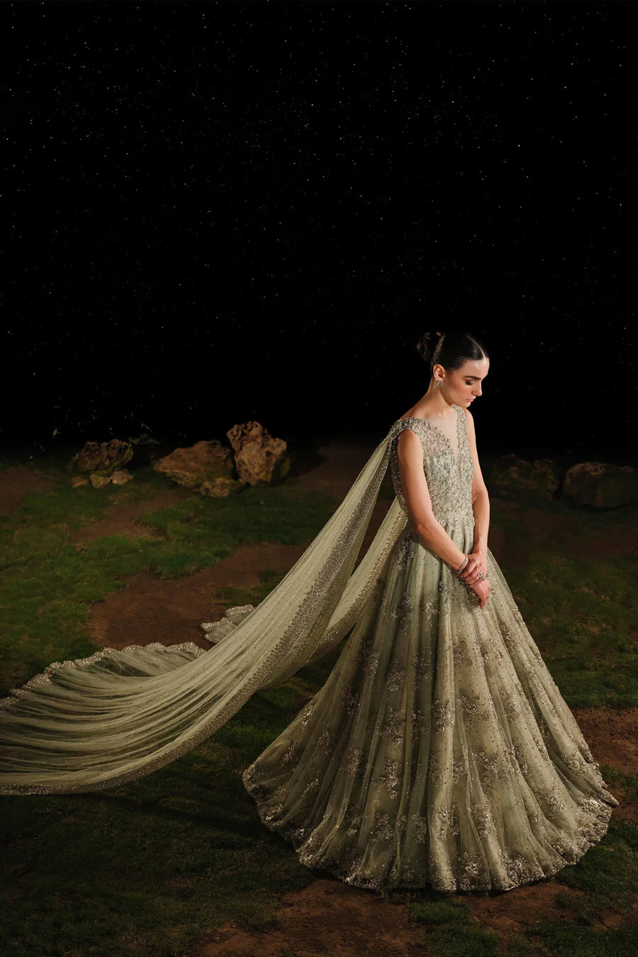 Pakistani Mint Green Zardozi Net Bridal Gown (1-Pc) - Image 4