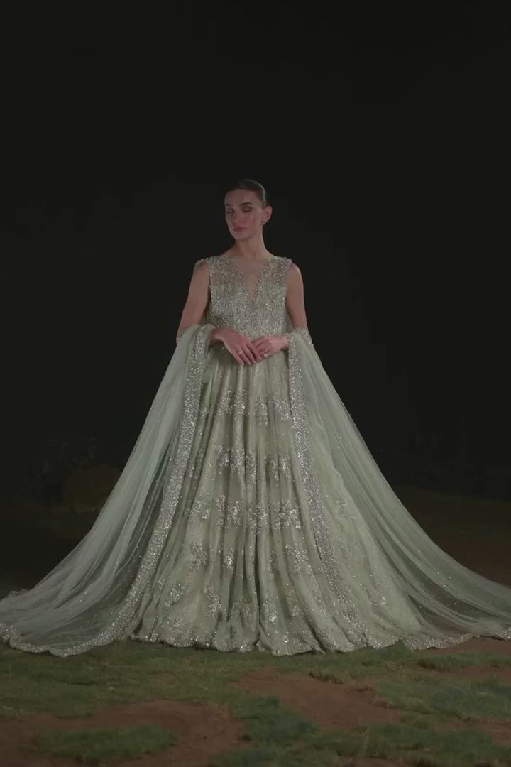 Pakistani Mint Green Zardozi Net Bridal Gown (1-Pc) - Image 5