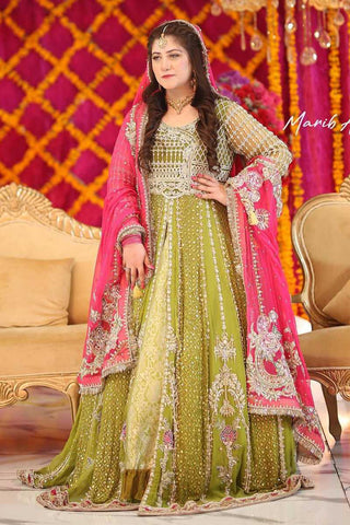 Olive Green Embellished Net Bridal Gown (2-Piece) - Image 2