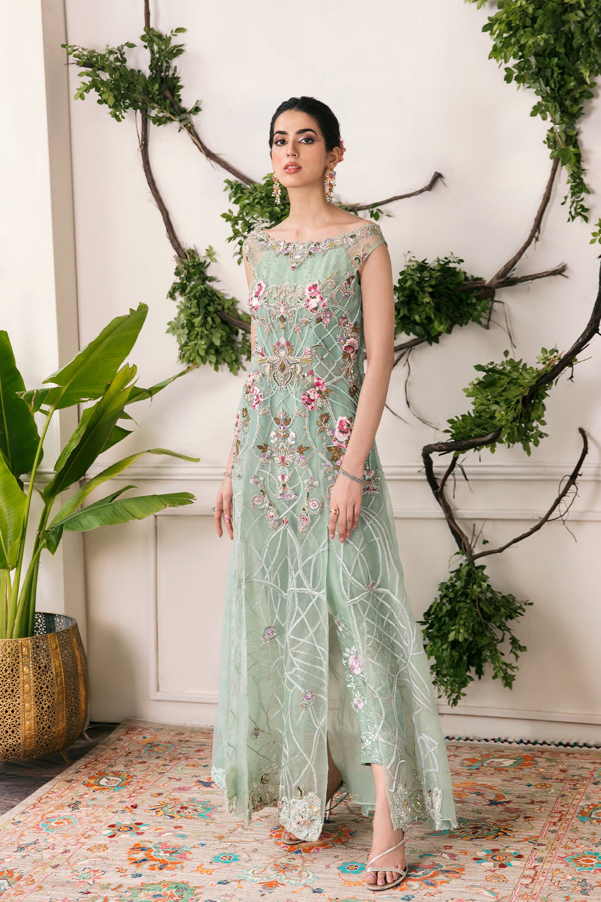 Pakistani Mint Adda Work Organza Gown (3-Piece) - Image 1