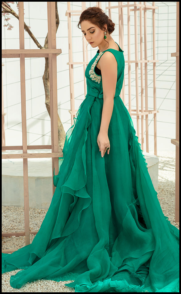 Pakistani Mongolian Green Embellished Organza Gown (2-Piece) - Image 2