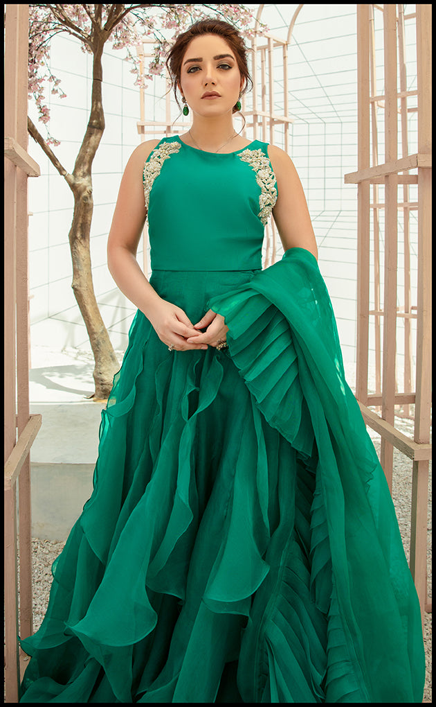 Pakistani Mongolian Green Embellished Organza Gown (2-Piece) - Image 3
