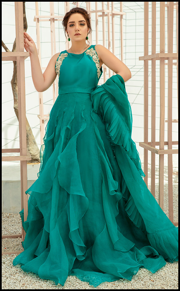 Pakistani Mongolian Green Embellished Organza Gown (2-Piece) - Image 4