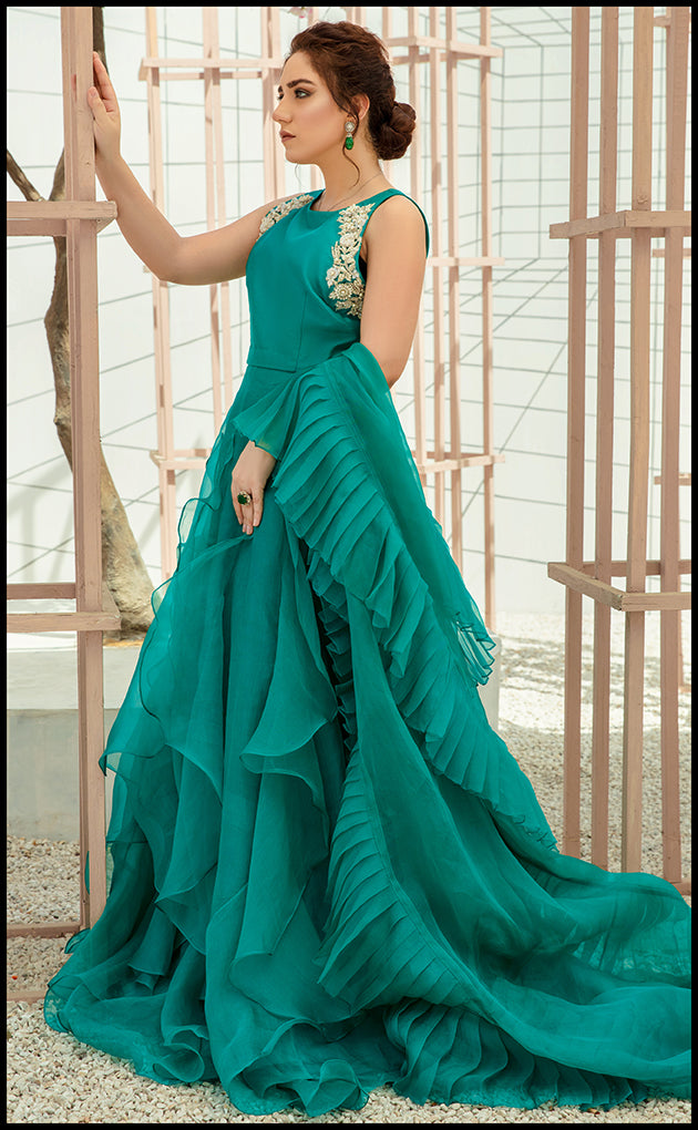 Pakistani Mongolian Green Embellished Organza Gown (2-Piece) - Image 5