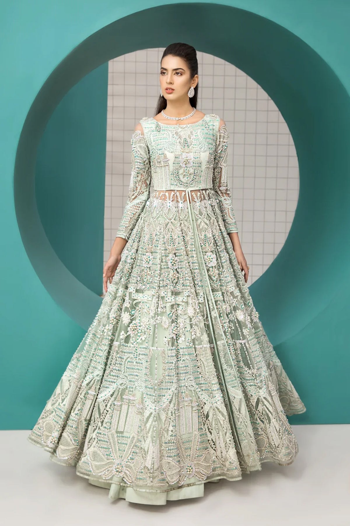 Pakistani Mint Green Embellished Net Organza Gown (1-Pc) - Image 1