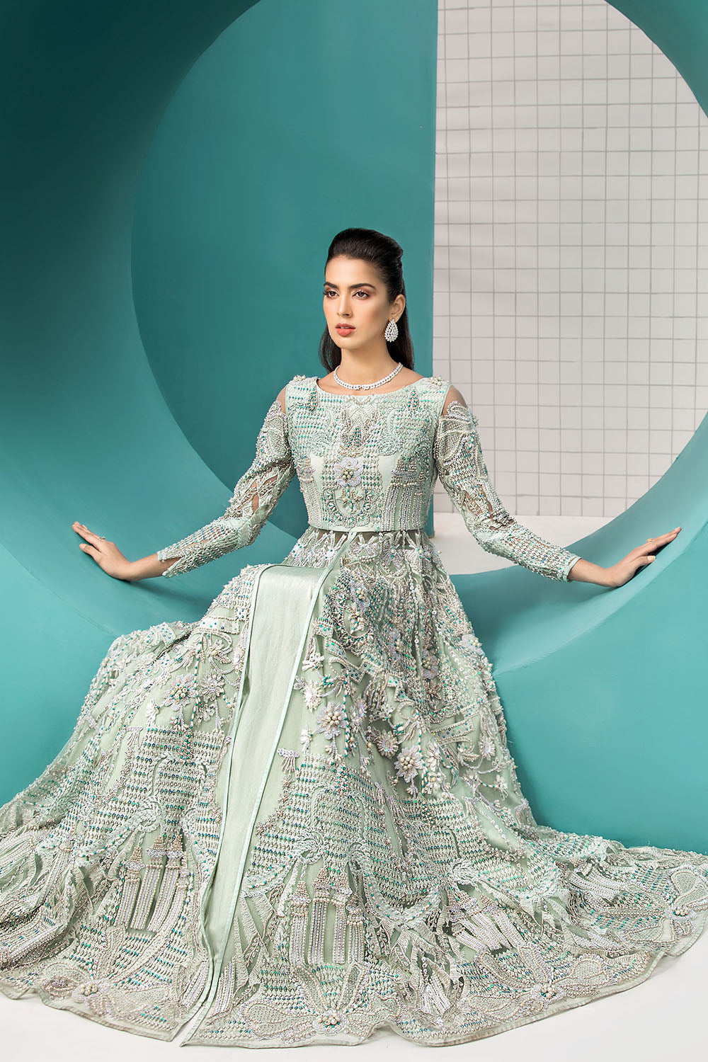 Pakistani Mint Green Embellished Net Organza Gown (1-Pc) - Image 2