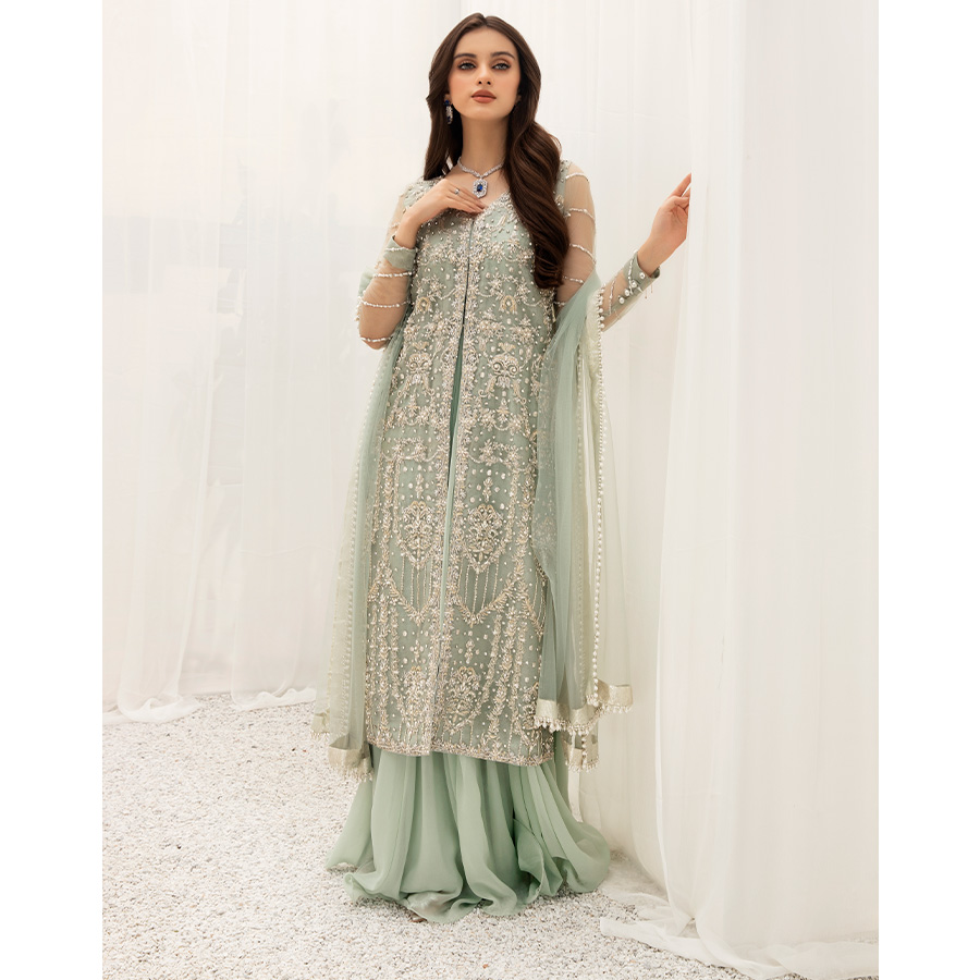Pakistani Mint Green Hand-Embellished Organza Gown (3-Piece) - Image 1