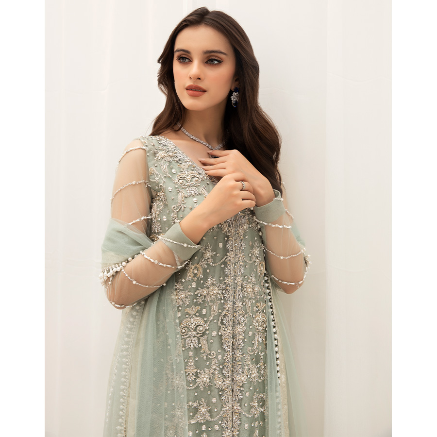 Pakistani Mint Green Hand-Embellished Organza Gown (3-Piece) - Image 3