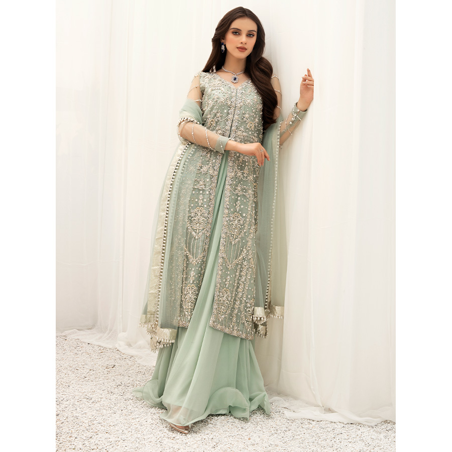 Pakistani Mint Green Hand-Embellished Organza Gown (3-Piece) - Image 4