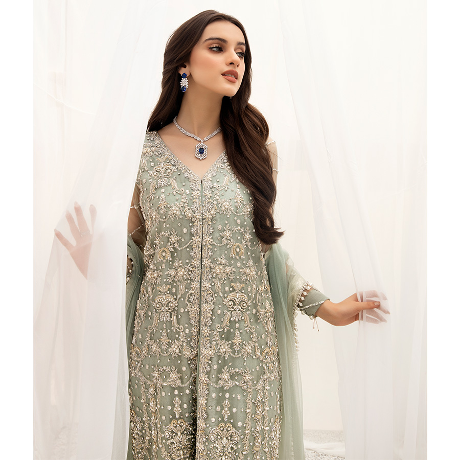 Pakistani Mint Green Hand-Embellished Organza Gown (3-Piece) - Image 5