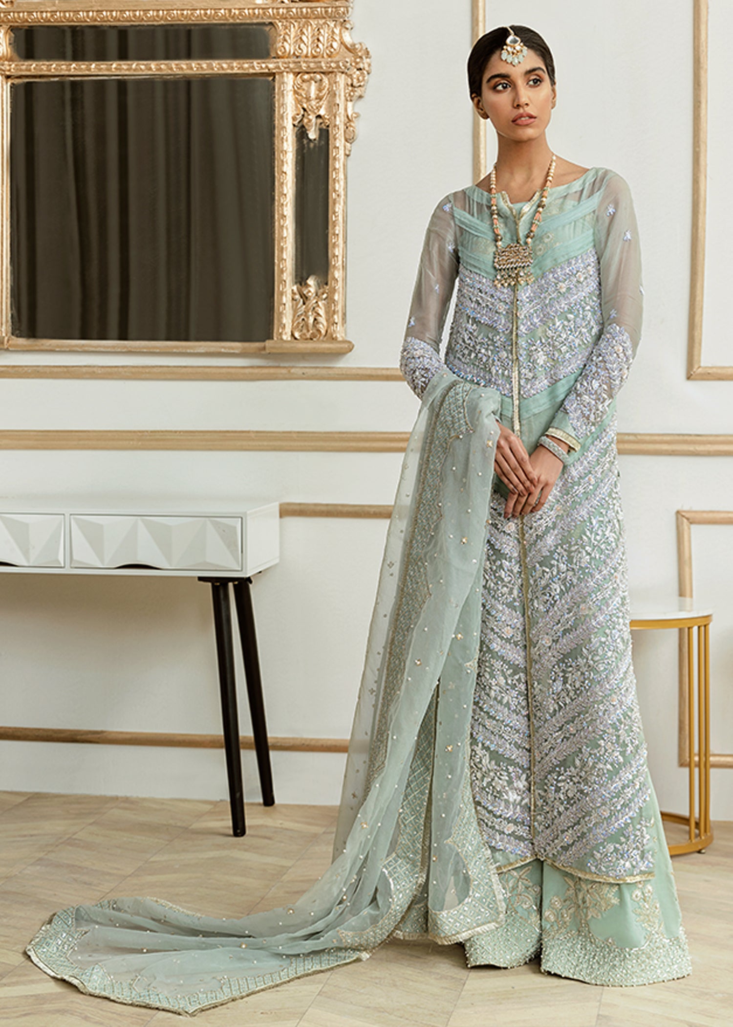 Indian Mint Green Embroidered Organza Gown (3-Piece) - Image 2