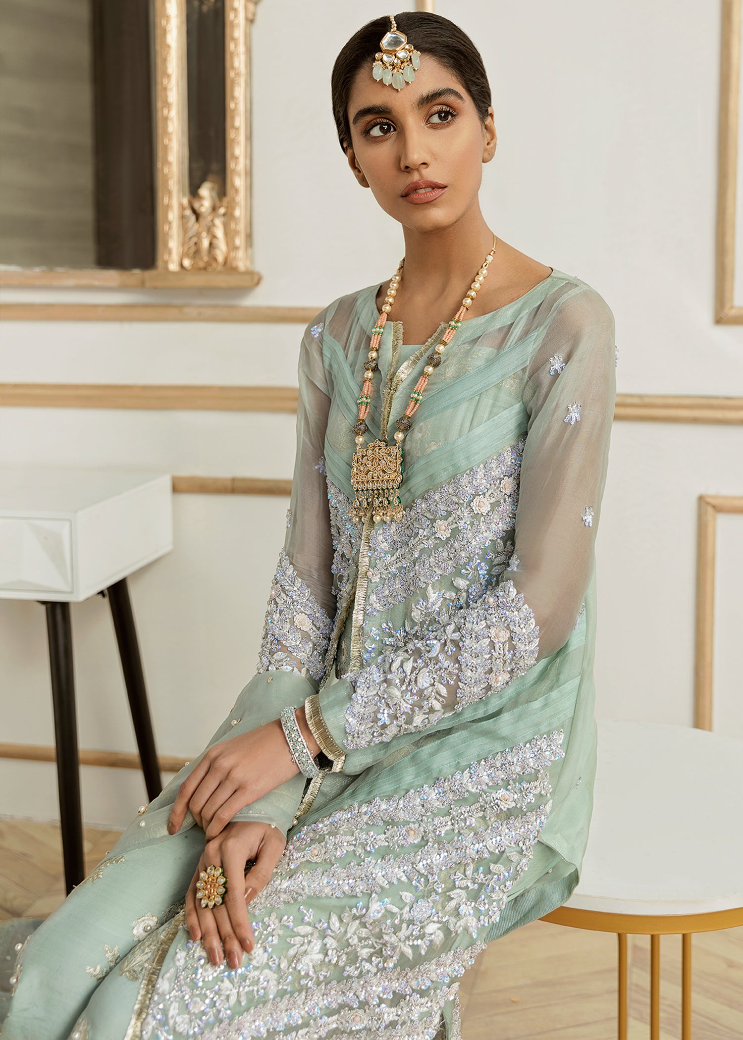 Indian Mint Green Embroidered Organza Gown (3-Piece) - Image 3
