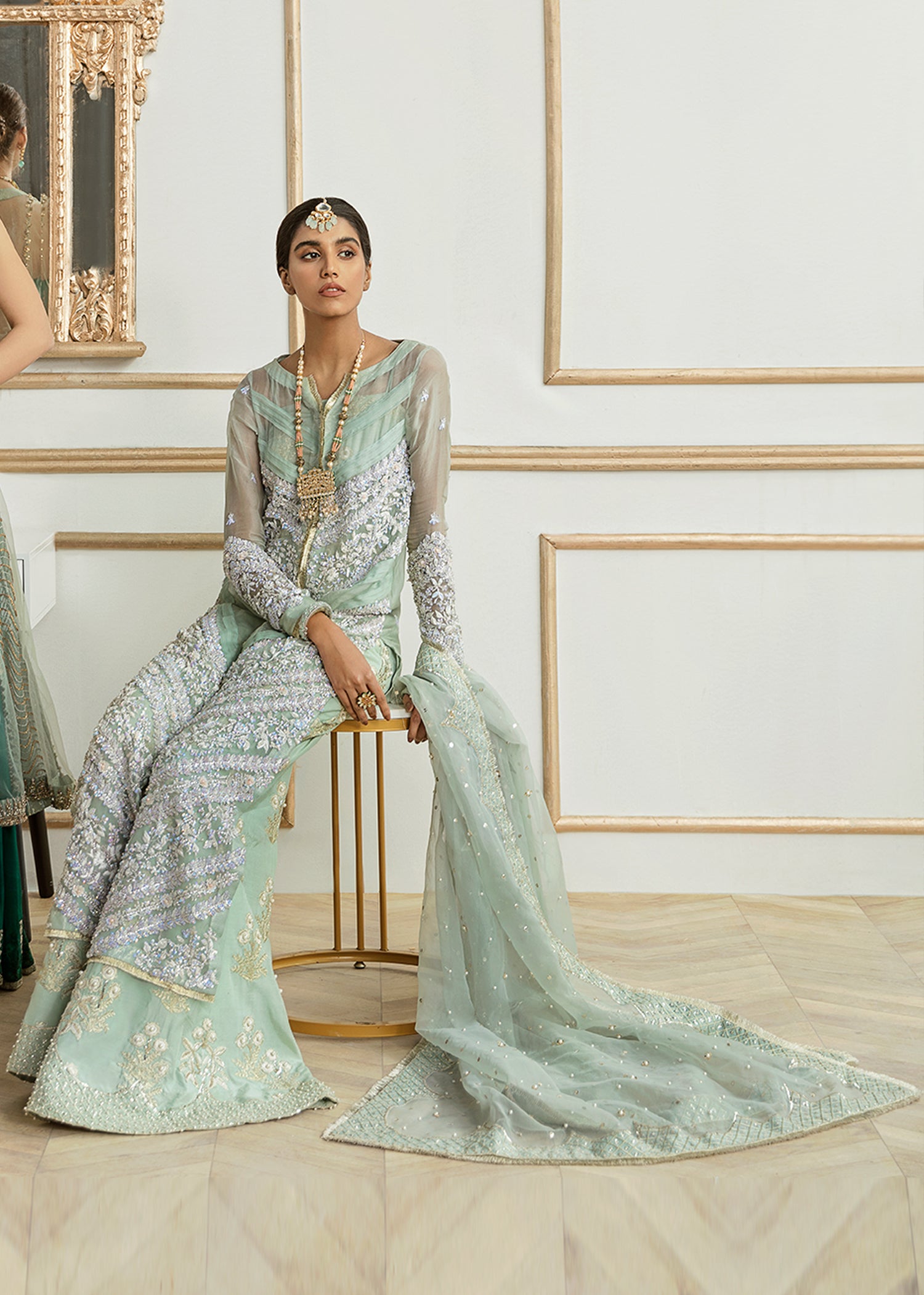 Indian Mint Green Embroidered Organza Gown (3-Piece) - Image 4