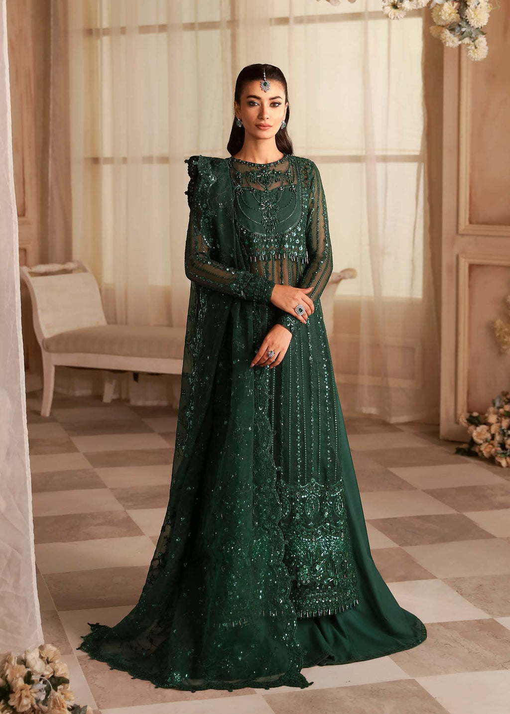 Pakistani Emerald Green Hand-Embellished Organza Gown (3-Piece) - Image 1