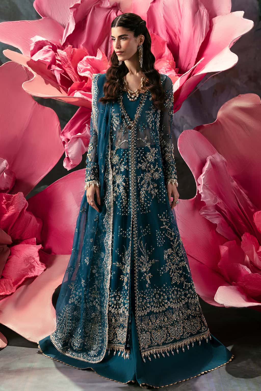 Pakistani Teal Embroidered Organza Gown (3-Piece) - Image 1