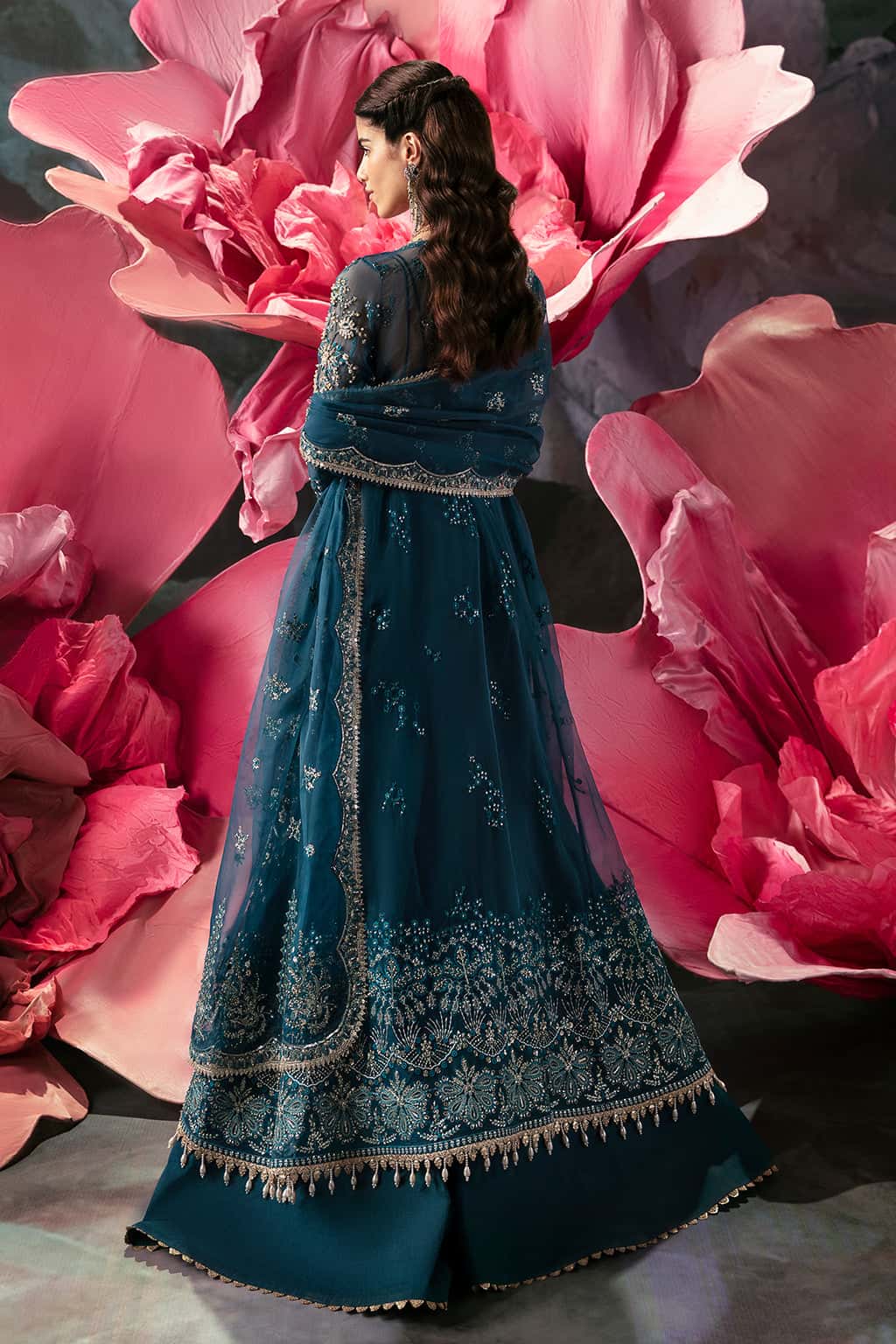 Pakistani Teal Embroidered Organza Gown (3-Piece) - Image 2