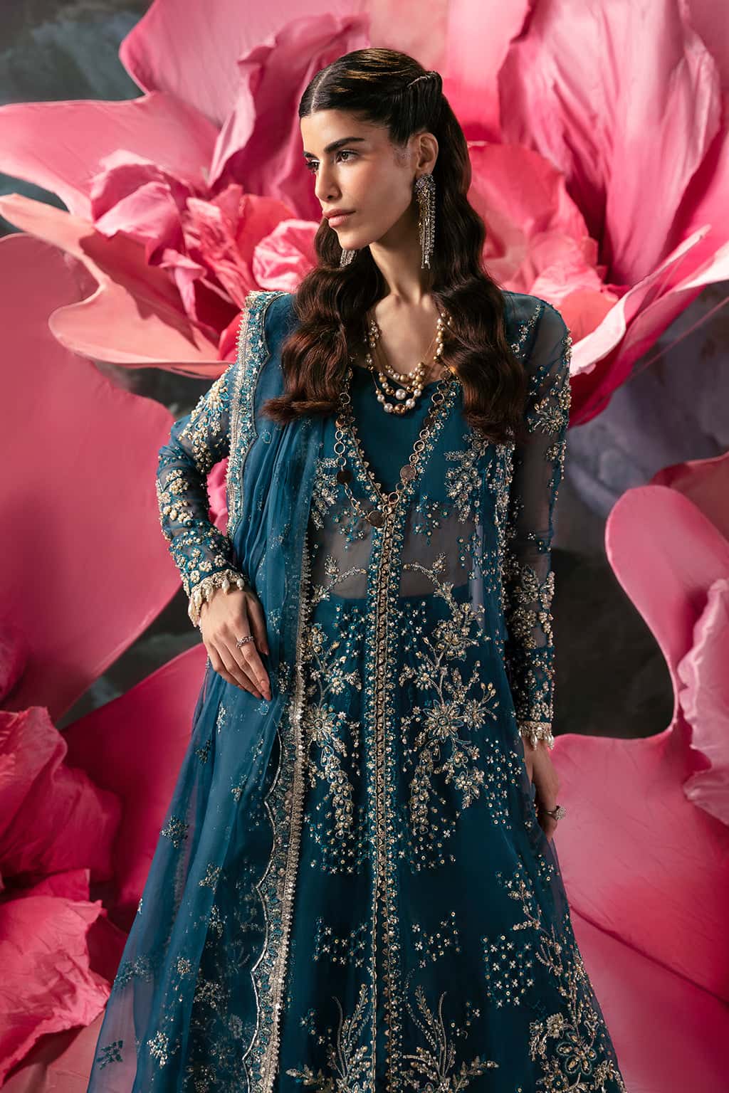 Pakistani Teal Embroidered Organza Gown (3-Piece) - Image 3