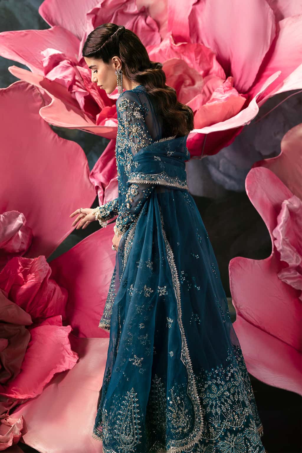 Pakistani Teal Embroidered Organza Gown (3-Piece) - Image 4