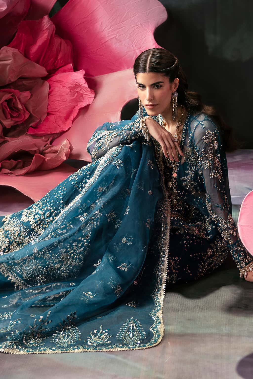 Pakistani Teal Embroidered Organza Gown (3-Piece) - Image 6