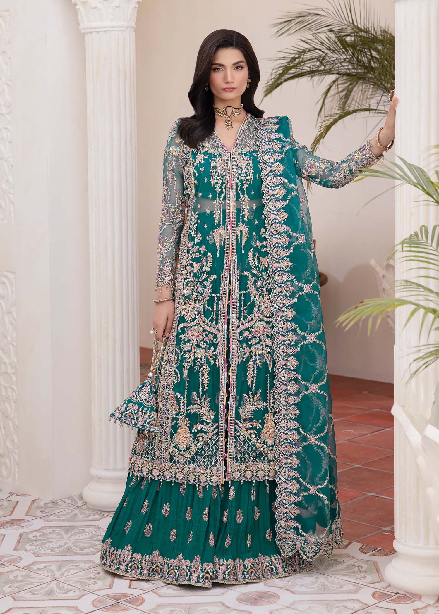 Indian Teal Embroidered Synthetic Organza Gown (3-Piece) - Image 1