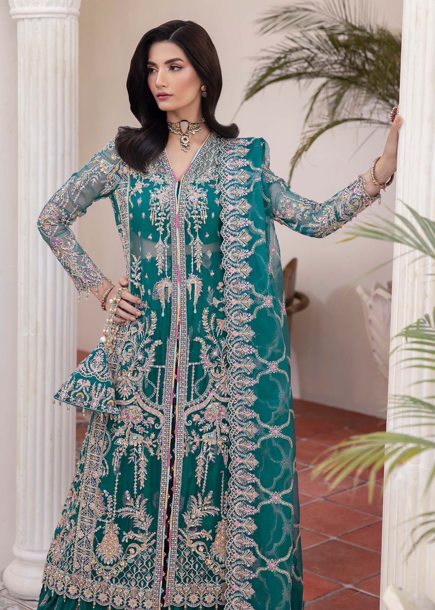 Indian Teal Embroidered Synthetic Organza Gown (3-Piece) - Image 2