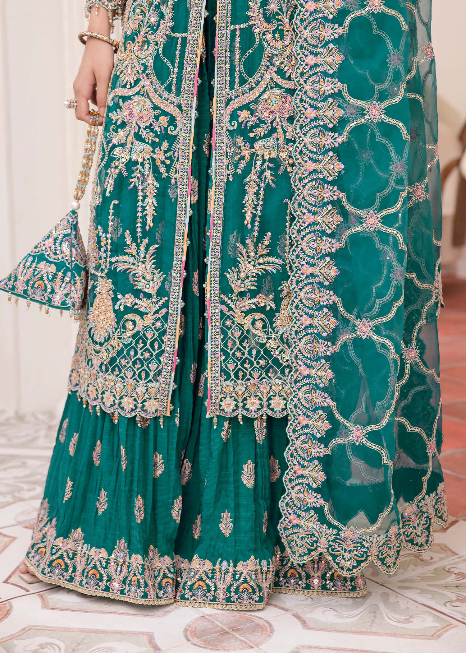 Indian Teal Embroidered Synthetic Organza Gown (3-Piece) - Image 3