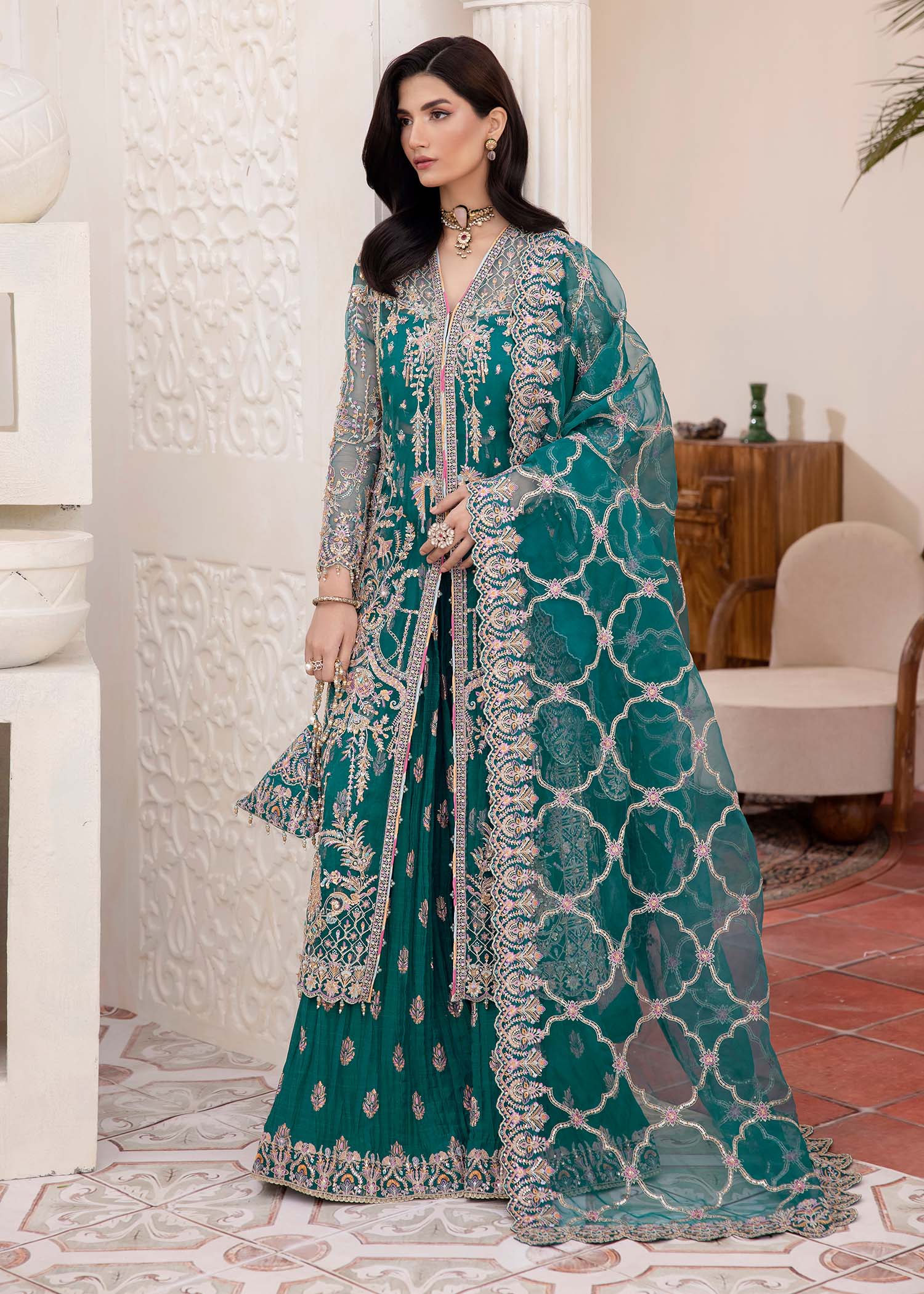 Indian Teal Embroidered Synthetic Organza Gown (3-Piece) - Image 4