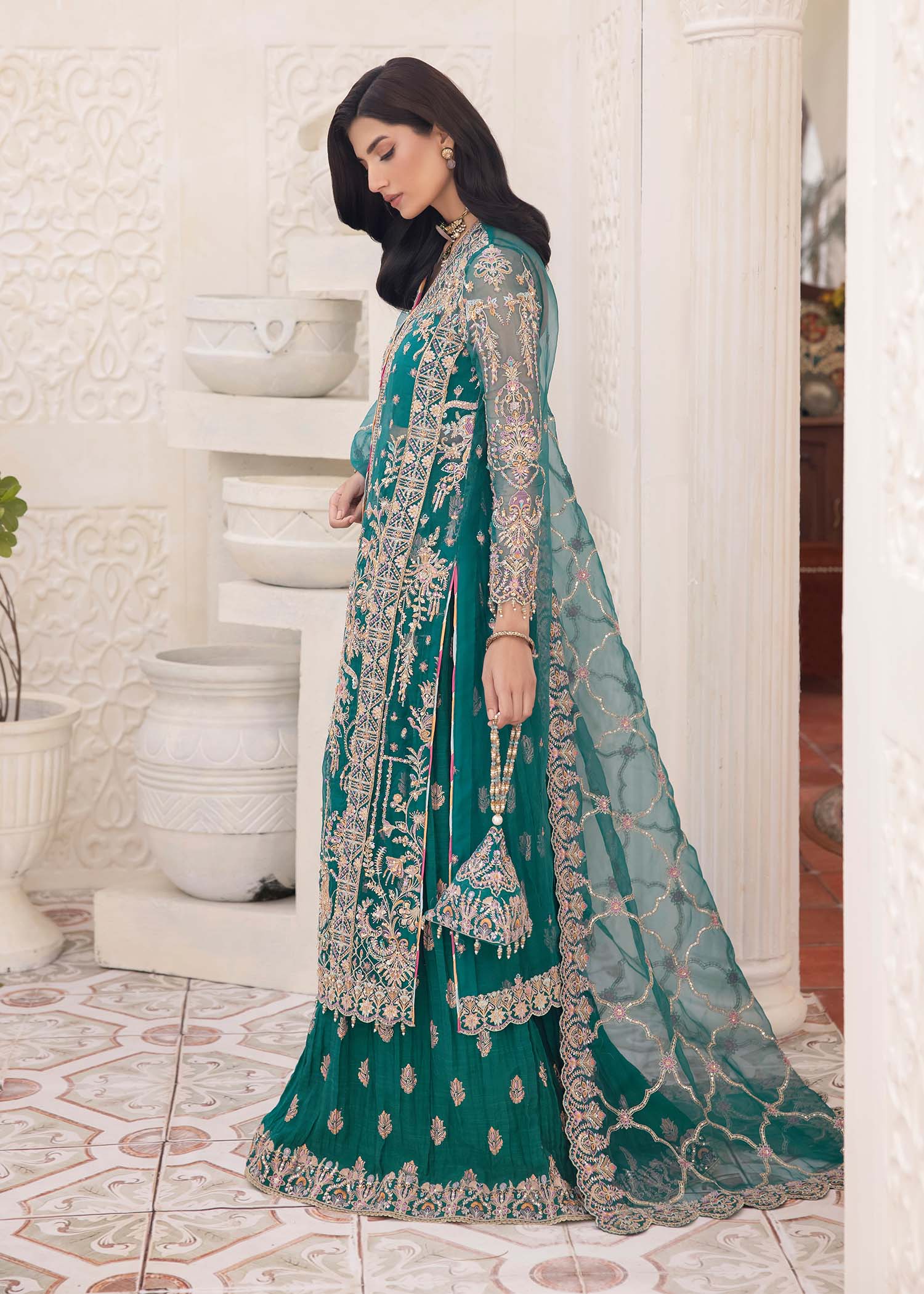 Indian Teal Embroidered Synthetic Organza Gown (3-Piece) - Image 5