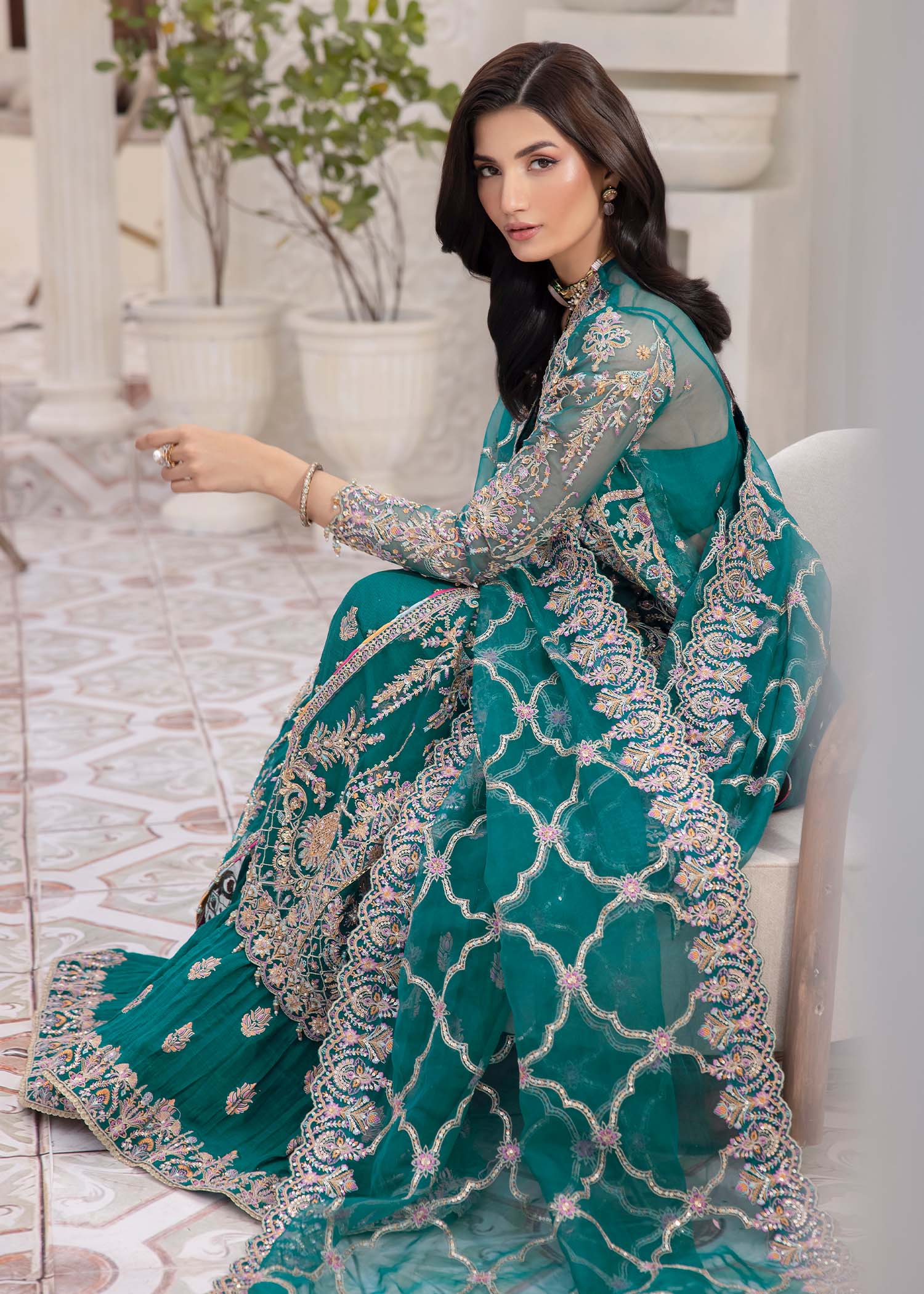 Indian Teal Embroidered Synthetic Organza Gown (3-Piece) - Image 8