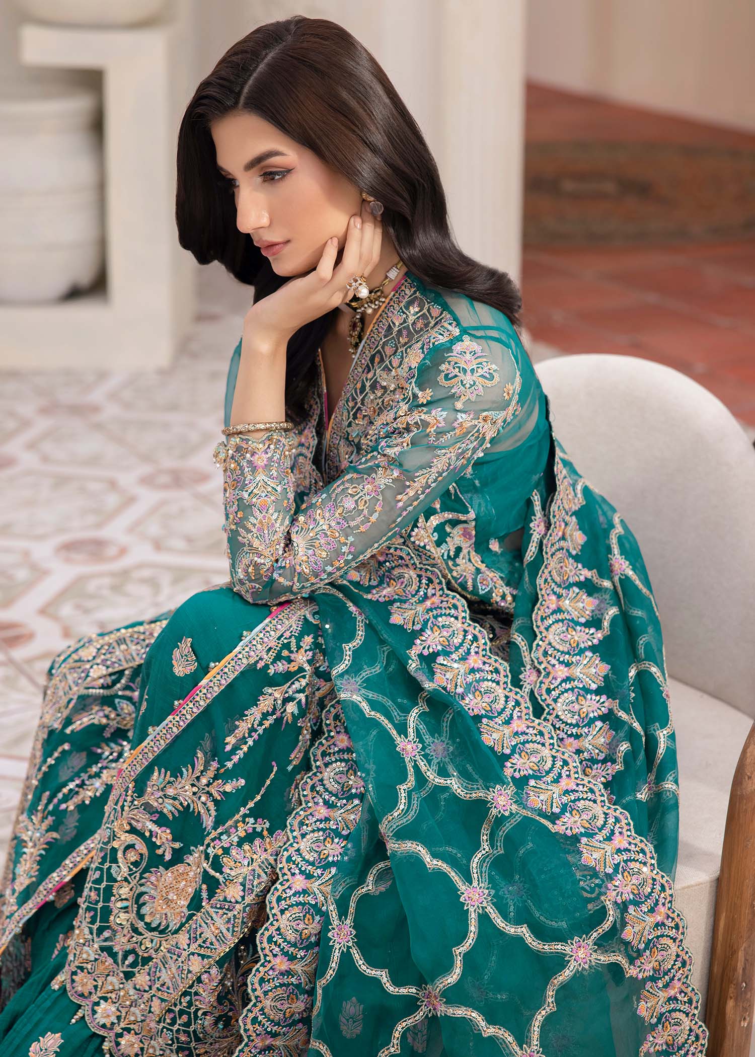Indian Teal Embroidered Synthetic Organza Gown (3-Piece) - Image 9
